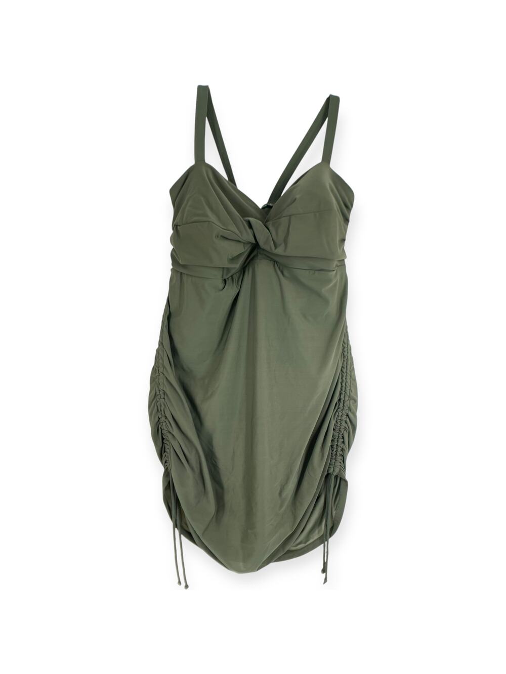 Lands End One Piece Adjustable V Neck Faux Wrap Olive Green Swim Dress 16